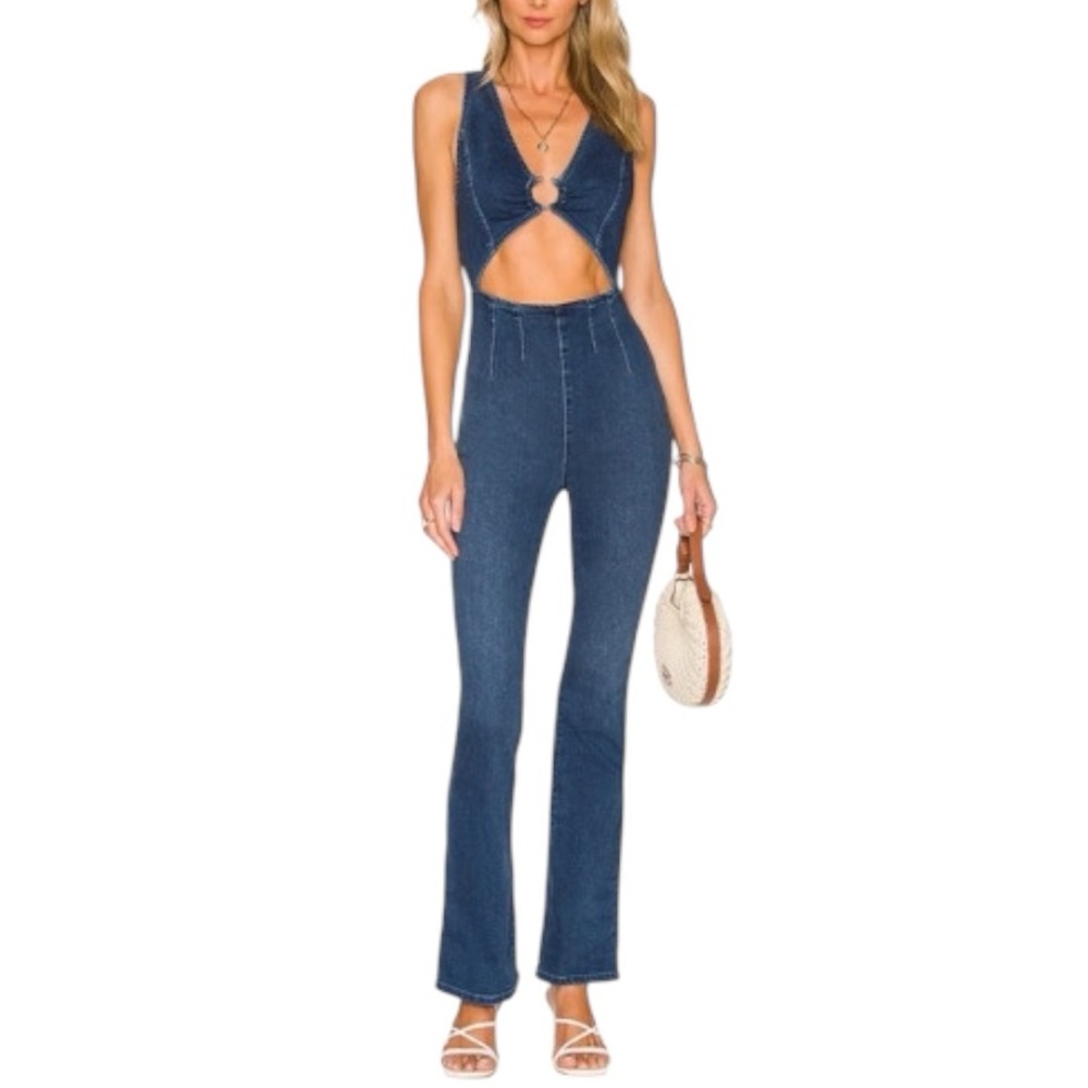 We The Free Blue Denim Cutout Jumpsuit